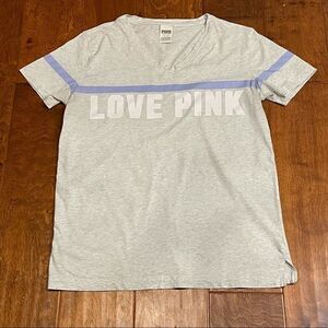 VS Pink Brand Love Pink Gray Relaxed Fit Tee w/ Periwinkle Blue / Purple Stripe
